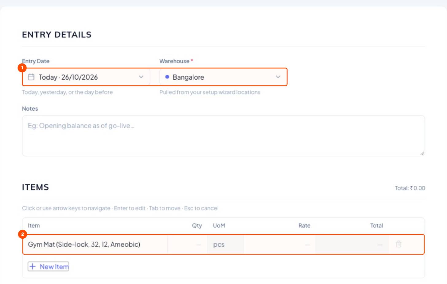Date and store. One row per variant, with qty and rate.