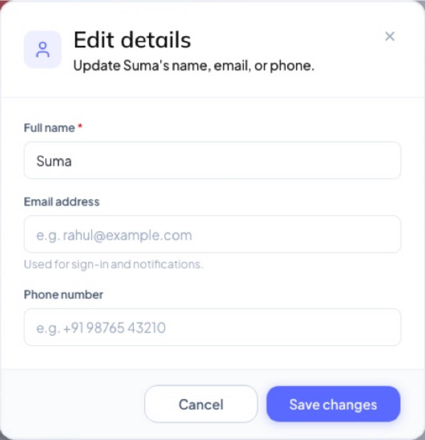 Edit a user's name, email and phone.