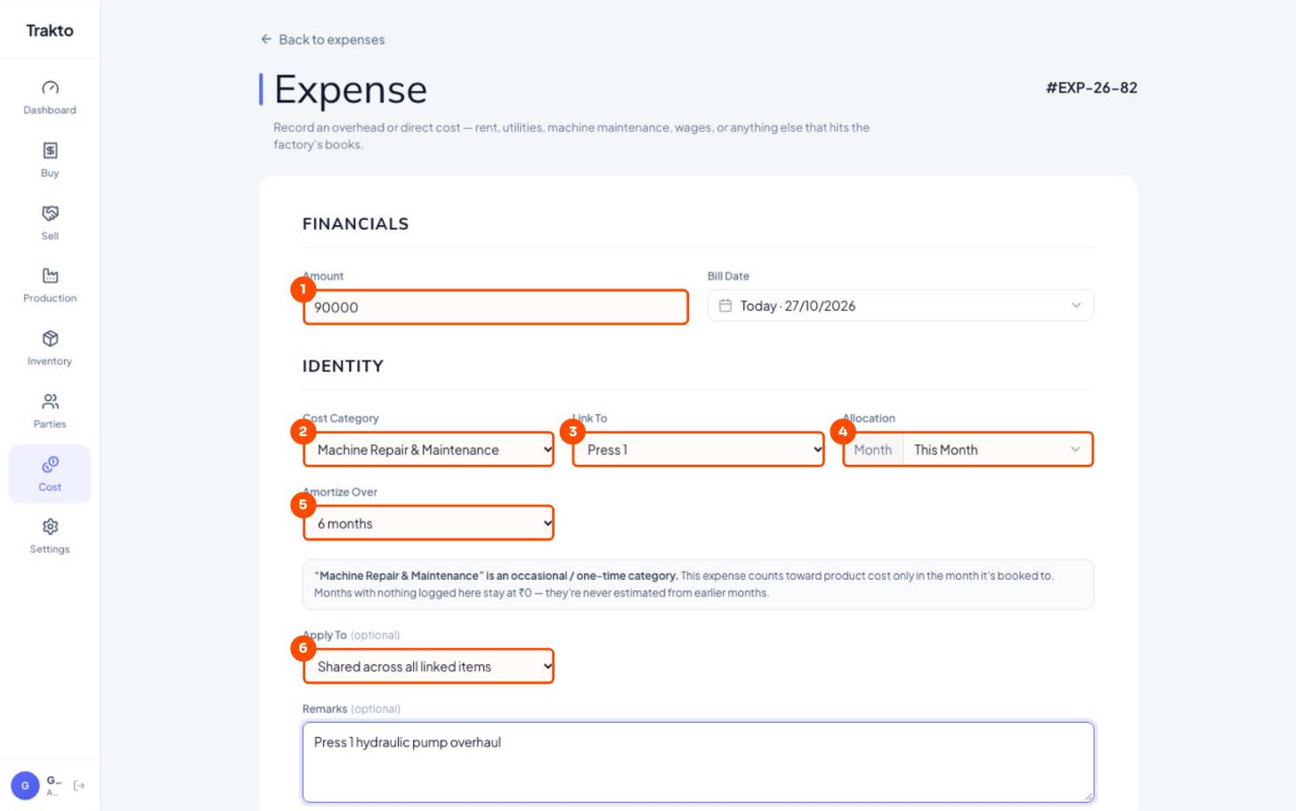 Amount, then Cost category, then Link To, then Month, then Amortize over, then Apply to