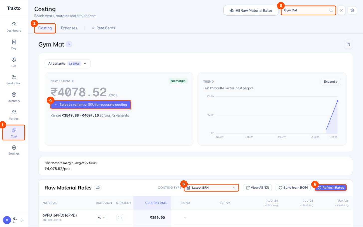 Cost, then Costing tab, then Product, then Select a variant, then Costing type, then Refresh Rates