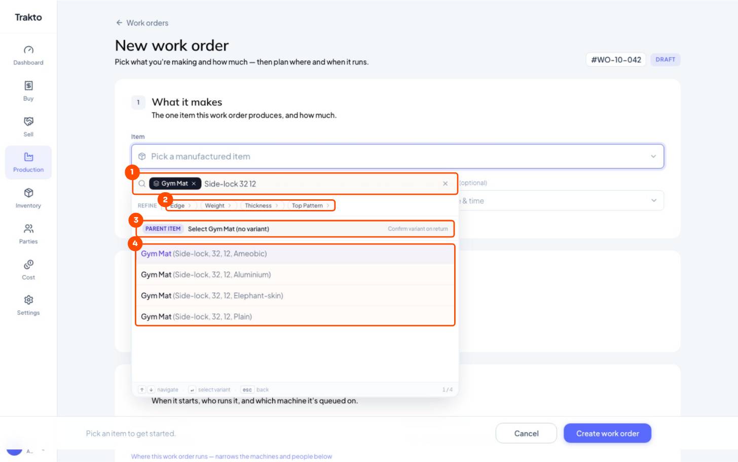 Type anything, then Refine by attribute, then Parent item, then Matching variants