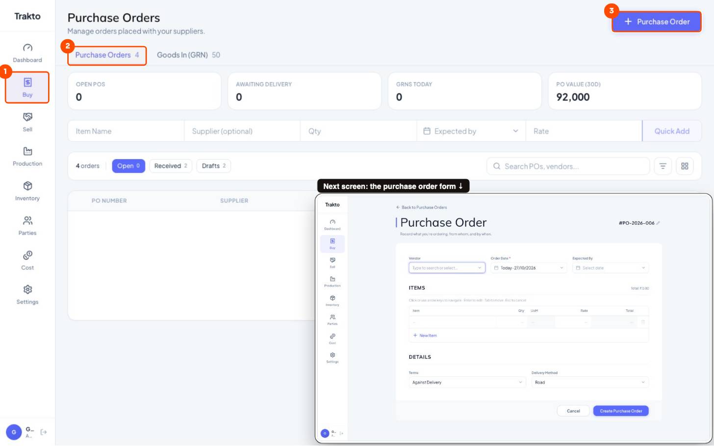 Buy, then Purchase Orders, then Purchase Order
