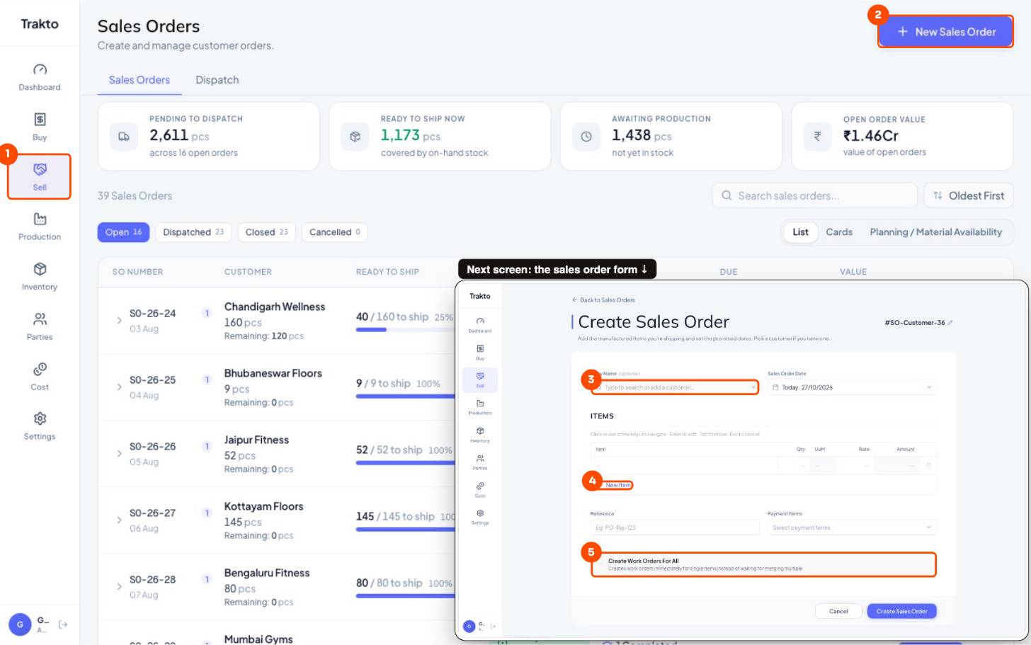 Sell, then New Sales Order, then Customer, then New Item, then Create Work Orders For All