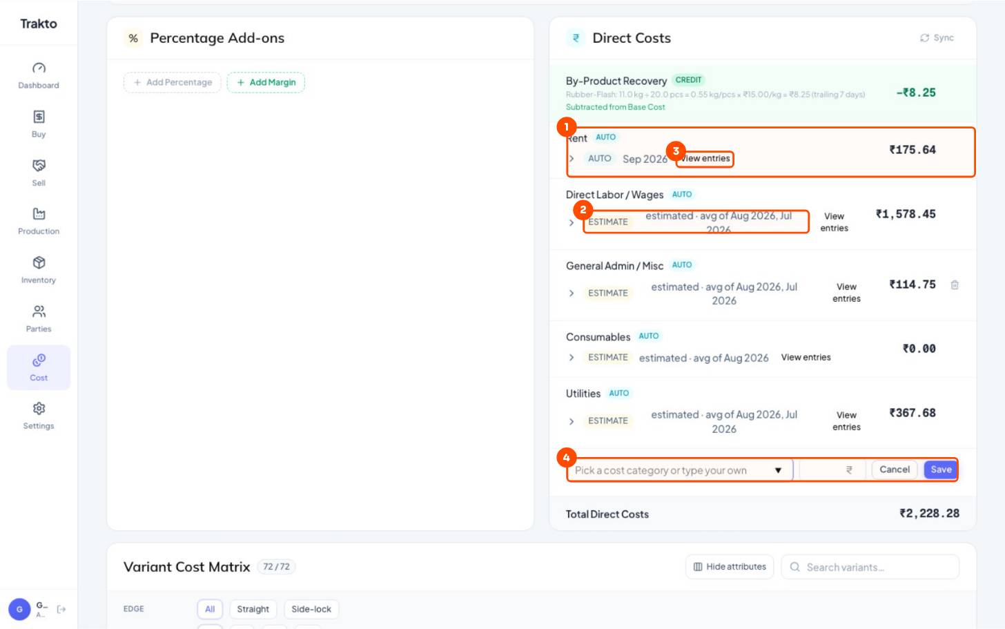 From expenses (AUTO), then ESTIMATE, then View entries, then Add Cost
