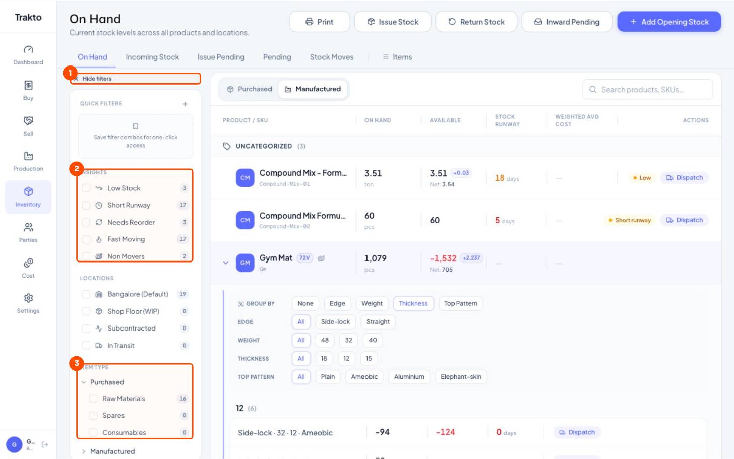 Filters, then Insights, then Item type