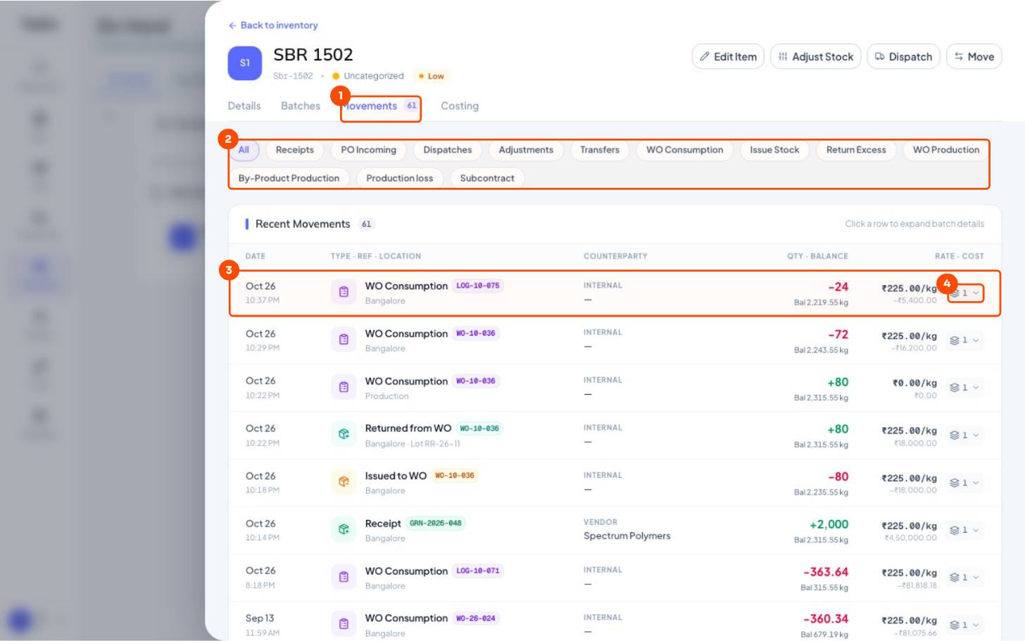 Movements, then Filter by type, then One move, then Batch details