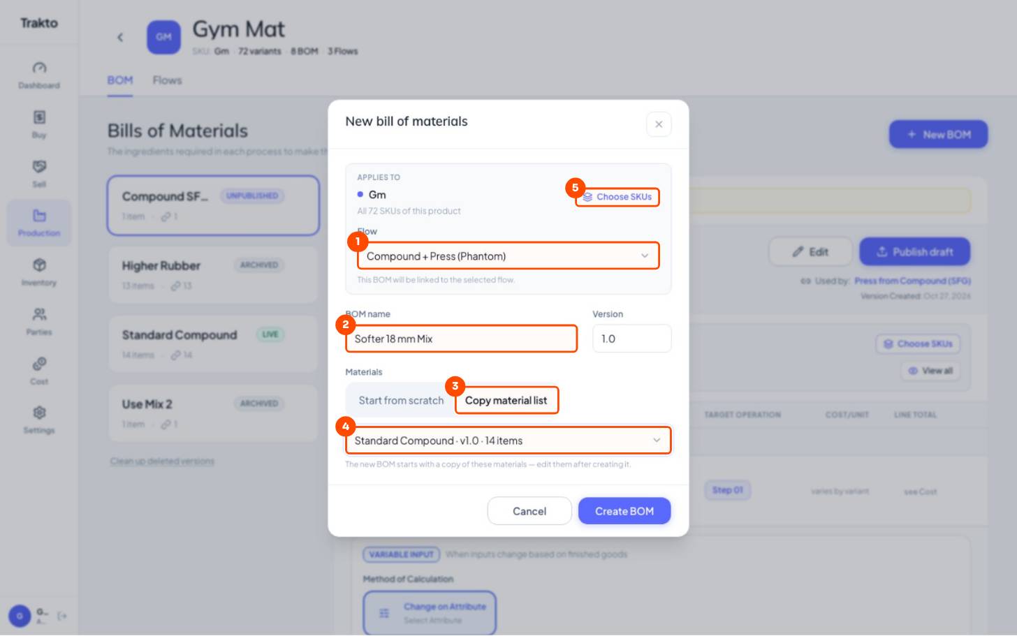 Flow, then Name, then Copy material list, then Copy from, then Choose SKUs