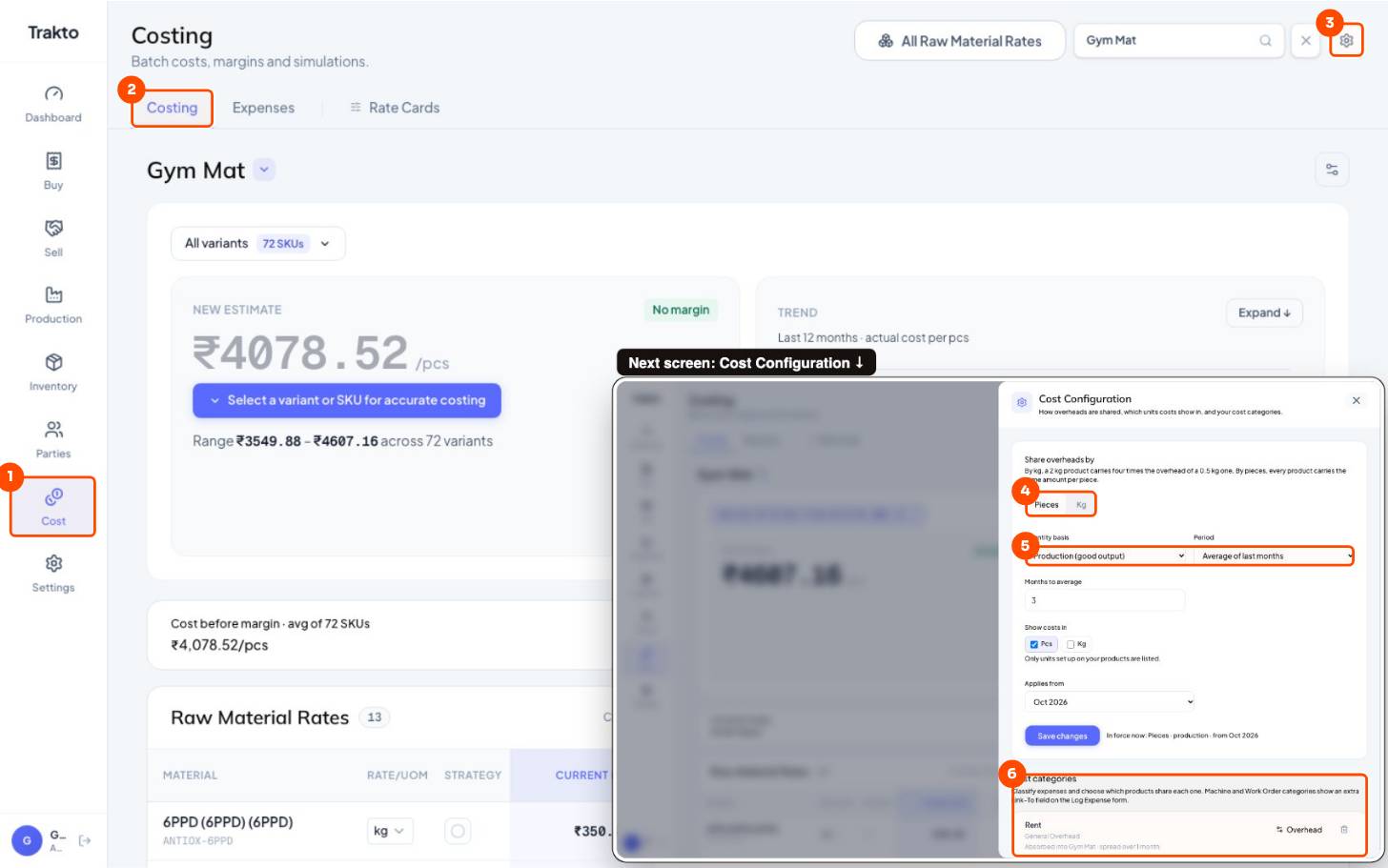 Cost, then Costing, then Settings (⚙), then Share overheads by, then Basis and period, then Cost categories