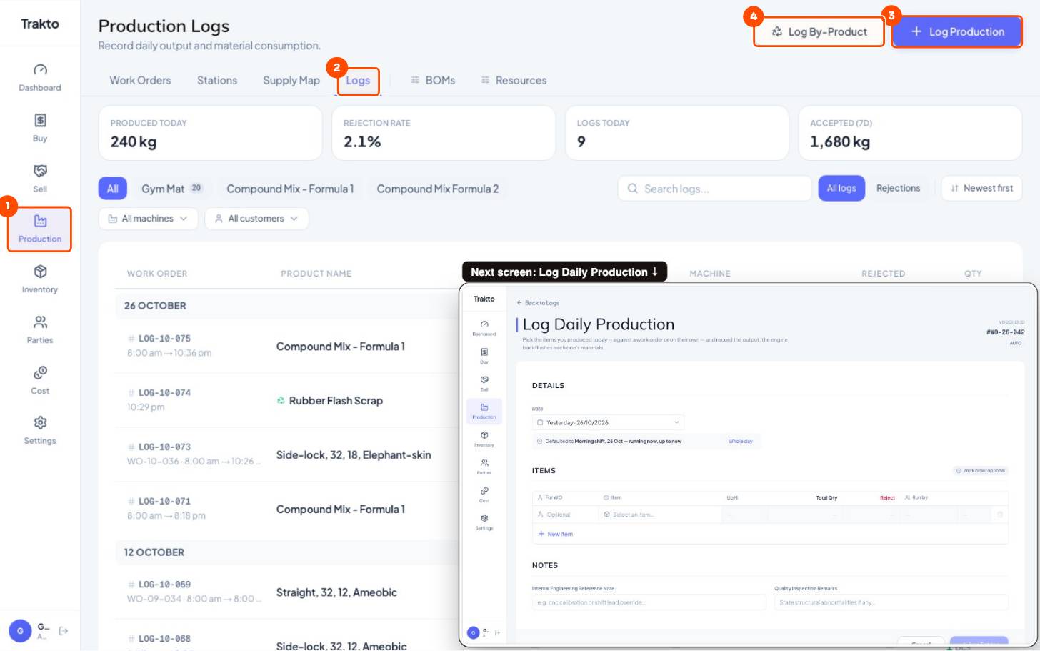 Production, then Logs, then Log Production, then Log By-Product